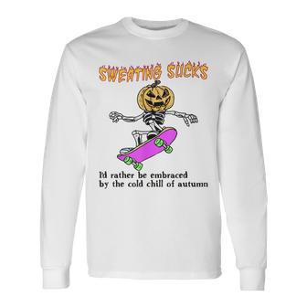 Sweating Sucks Skeleton Pumpkin Head Halloween Long Sleeve T-Shirt - Seseable