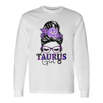 Taurus Girl Birthday Messy Bun Hair Purple Floral Long Sleeve T-Shirt - Seseable