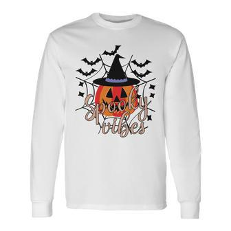 Thick Thights And Spooky Vibes Halloween Pumpkin Ghost Long Sleeve T-Shirt - Seseable