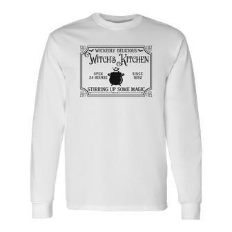 Vintage Halloween Sign Wickedly Delicious Witch Kitchen Men Women Long Sleeve T-shirt Graphic Print Unisex - Seseable