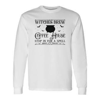 Vintage Halloween Sign Witches Brew Coffee House Men Women Long Sleeve T-shirt Graphic Print Unisex - Seseable