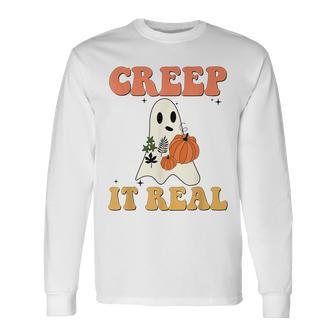 Vintage Retro Halloween Creep It Real Ghost Pumpkin Long Sleeve T-Shirt - Thegiftio UK