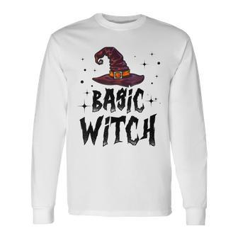 Basic Witch Women Halloween Distressed Witch Hat Long Sleeve T-Shirt - Seseable