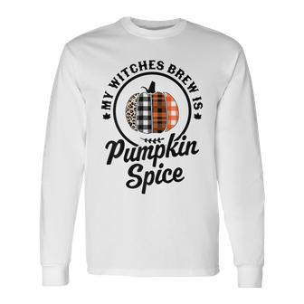 My Witches Brew Is Pumpkin Spice Halloween Plaid Leopard Long Sleeve T-Shirt - Seseable