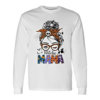 Witchy Mama Halloween Messy Bun Skull Witch Mom Women Spooky Long Sleeve T-Shirt - Seseable