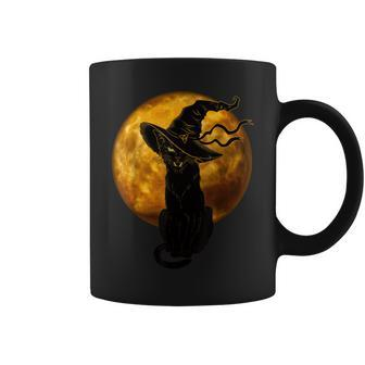 Beautiful Halloween Black Cat With Witch Hat Full Moon - Cat Coffee Mug - Seseable