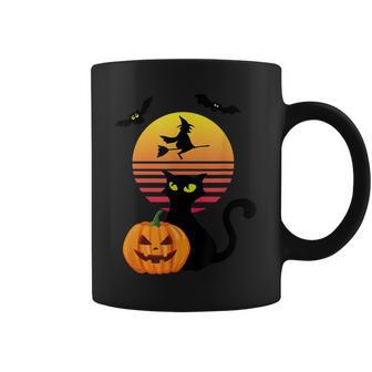 Black Cat Bat Witch And Pumpkin At Sunset On Halloween Coffee Mug - Seseable