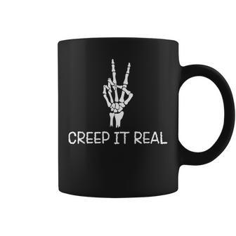 Creep It Real Peace Sign Skeleton Hand Funny Bones Halloween Coffee Mug - Seseable