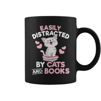 Easily Distracted By Cats And Books Cute Cat Book Lover Coffee Mug - Thegiftio UK