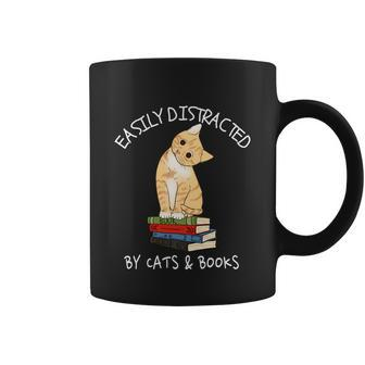 Easily Distracted By Cats And Books Gift Cat And Book Lover Gift Tshirt Coffee Mug - Monsterry AU