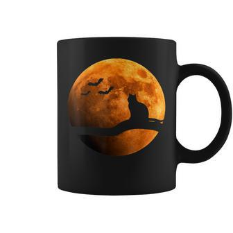 Halloween Black Cat Orange Full Moon And Bats Coffee Mug - Seseable