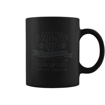 Halloween Rules Carve A Pumpkin Weak A Costume Stay Up Late Cat Candy Coffee Mug - Monsterry DE