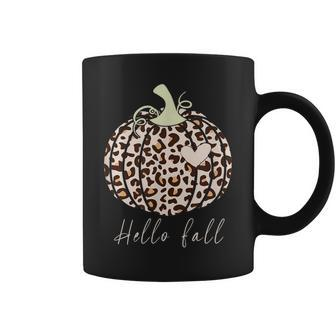 Hello Fall Animal Print Leopard Heart Pumpkin Fall Halloween Coffee Mug - Seseable