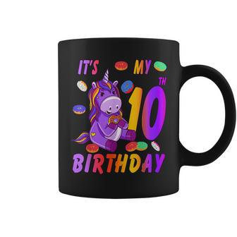 Kids 10 Years Old Unicorn Eating Donut 10Th Birthday Party Coffee Mug - Seseable