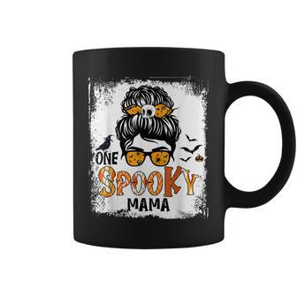 One Spooky Mama For Halloween Messy Bun Mom Monster Bleached V5 Coffee Mug - Seseable