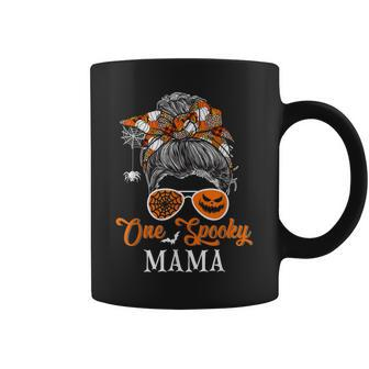 One Spooky Mama Halloween Woman Messy Bun Hair Sunglasses Coffee Mug - Seseable