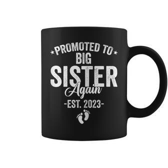 Promoted To Big Sister Again 2023 Baby Announcement Siblings Coffee Mug - Seseable