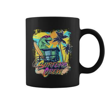 Retro 80S Eighties Trex Dinosaur Surfers Crew Coffee Mug - Monsterry