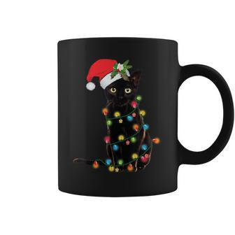 Santa Black Cat Tangled Up In Christmas Tree Lights Holiday Coffee Mug - Seseable