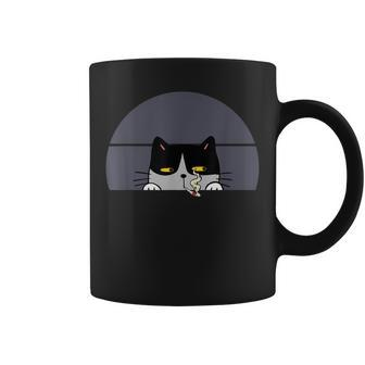 Stoned Black Cat Smoking And Peeking Sideways With Cannabis Coffee Mug - Seseable
