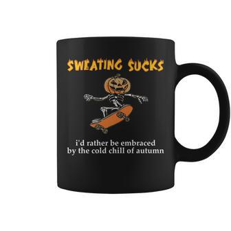 Sweating Sucks Skeleton Pumpkin Playing Skateboard Halloween Coffee Mug - Seseable