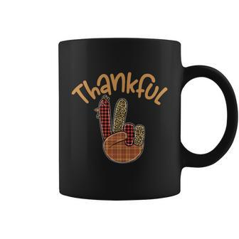 Thankful Turkey Hand Sign Peace Leopard Plaid Thanksgiving Gift Graphic Design Printed Casual Daily Basic Coffee Mug - Thegiftio UK