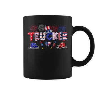 Trucker Trucker Proud American Flag Fireworks Happy 4Th Of July Coffee Mug - Seseable