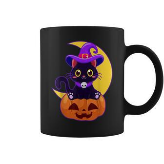 Vintage Scary Halloween Black Cat Costume Witch Hat & Moon Coffee Mug - Seseable