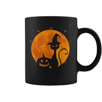 Vintage Scary Halloween Black Cat Costume Witch Hat & Moon V2 Coffee Mug - Seseable