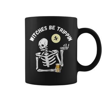 Witches Be Trippin Funny Halloween Skeleton And Witch Pun Coffee Mug - Seseable