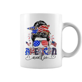 American Auntie Messy Bun Usa Flag Leopard 4Th Of July Coffee Mug - Seseable
