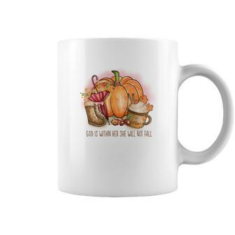 Cozy Autumn Fall God Is Within Her She Will Not Fall Coffee Mug - Seseable