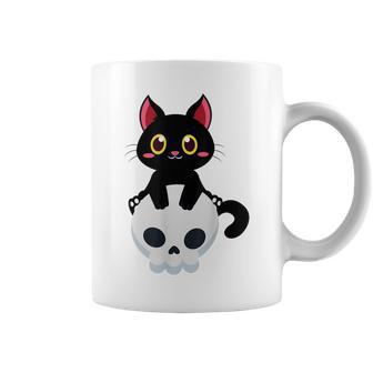 Cute But Creepy Halloween Black Cat And Skull Coffee Mug - Seseable