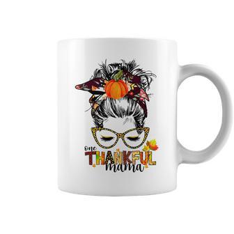 Funny One Thankful Mama Messy Bun Fall Autumn Thanksgiving Coffee Mug - Thegiftio UK