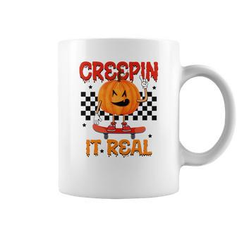 Funny Pumpkin Skateboarding Creepin It Real Halloween Coffee Mug - Seseable