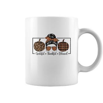 Grateful Thankful Blessed Messy Bun Girl Pumpkin Fall Coffee Mug - Seseable