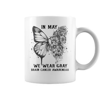 Gray Butterfly In May We Wear Gray Brain Cancer Awareness Coffee Mug - Thegiftio UK