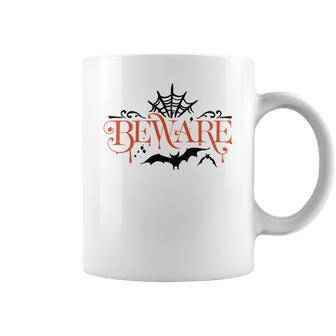Halloween Beware Bat And Spidernet Black And Orange Design Coffee Mug - Seseable