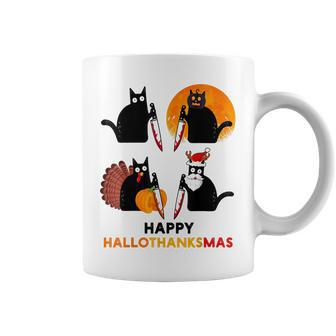 Happy Hallothanksmas Black Cat Halloween Thanksgiving Coffee Mug - Seseable