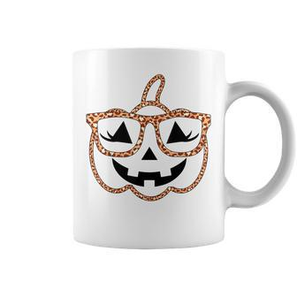 Jack O Lantern Face Pumpkin Halloween Leopard Print Glasses V4 Coffee Mug - Seseable