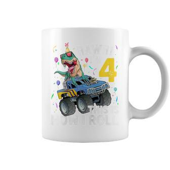Kids 4 Year Old Dinosaur T Rex Monster Truck 4Th Birthday Boys Coffee Mug - Thegiftio UK
