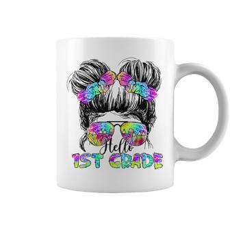 Messy Bun Hair Tie Dye Rainbow Kids Girls Hello First Grade Coffee Mug - Seseable