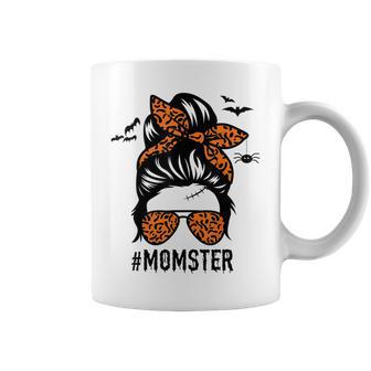 Mom Messy Bun Halloween Leopard Womens Momster Funny Spooky Coffee Mug - Seseable