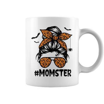 Momster For Women Halloween Mom Messy Bun Leopard Coffee Mug - Seseable