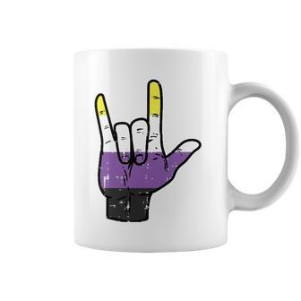 Nonbinary I Love You Hand Sign Language Enby Nb Pride Flag Coffee Mug - Thegiftio UK