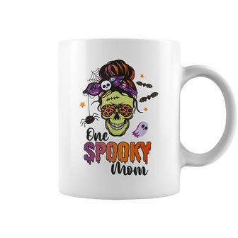 One Spooky Mama Mom Halloween Skull Messy Hair Bun Mother Coffee Mug - Seseable
