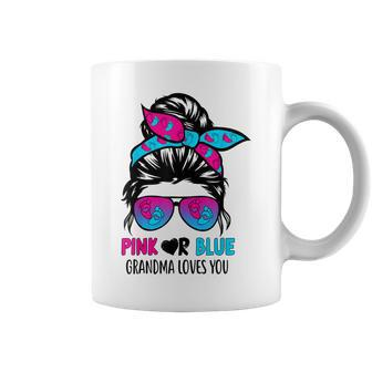 Pink Or Blue Grandma Loves You Messy Bun Hair Gender Reveal Coffee Mug - Thegiftio UK