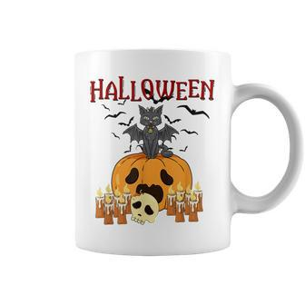 Scary Pumpkin And Vampire Bat Cat Halloween Trick Or Treat Coffee Mug - Seseable