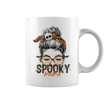 Spooky Mama Halloween Costume Skull Mom Leopard Messy Bun Coffee Mug - Seseable