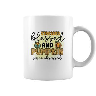 Stressed Blessed And Pumpkin Spice Obsessed Fall Coffee Mug - Seseable